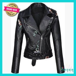 Faux Leather Moto Jacket Studded Rivet Floral Biker Coat Chic Y2K